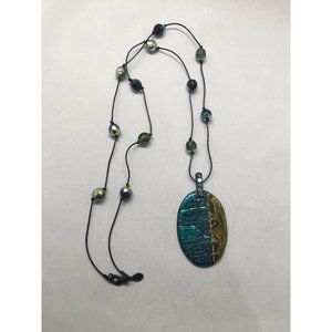 CHICO'S Indigo Gold Iridescent Beads Leather Long